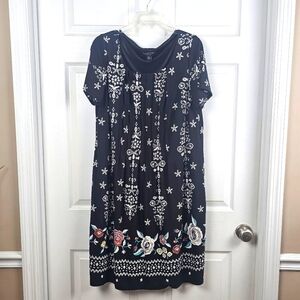 Perceptions 0X Black Floral Dress Unlined Pleated Torso Waist Gathers Dusty Rose